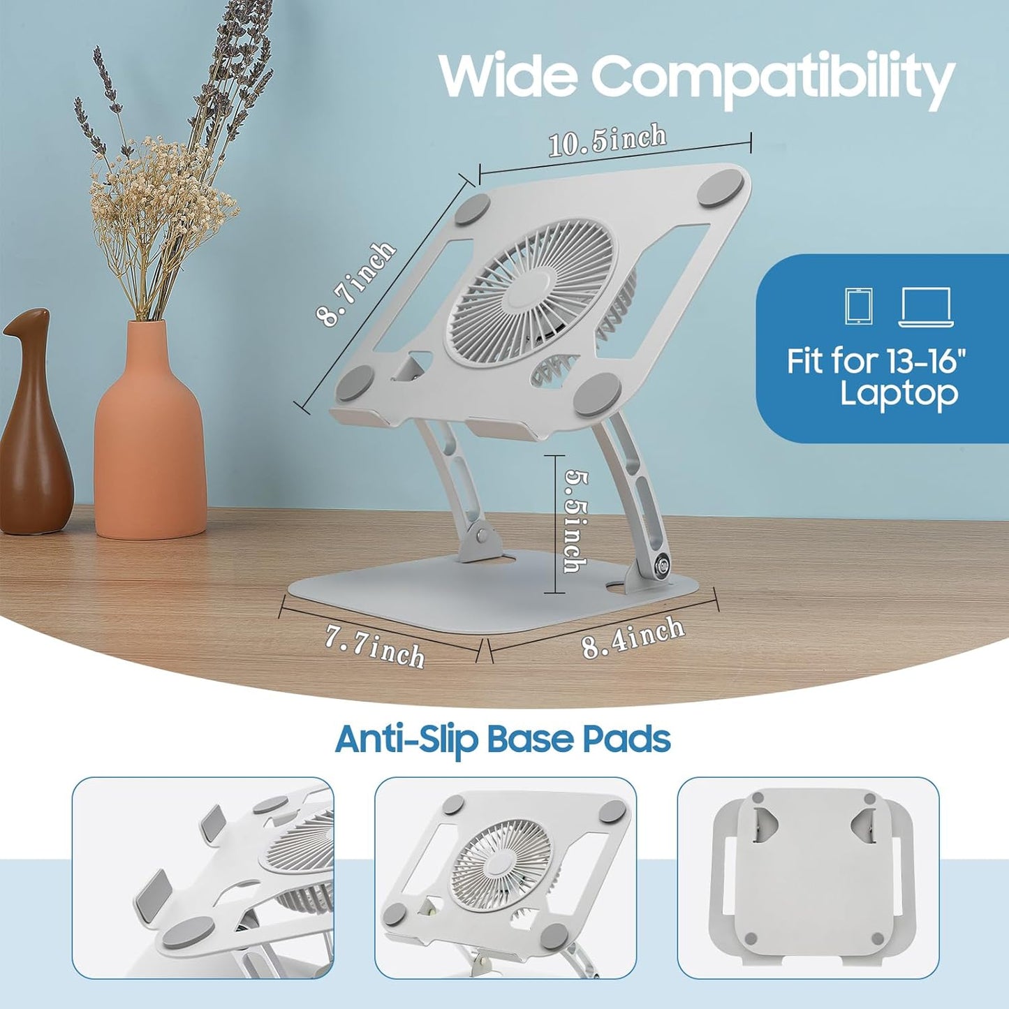 SHUWEI Laptop Cooling Stand with 3 Speed Fan, Adjustable Height & Angle, Carbon Steel Framework, Ultra-Quiet & Super Sturdy for up to 16”Laptop - Silver
