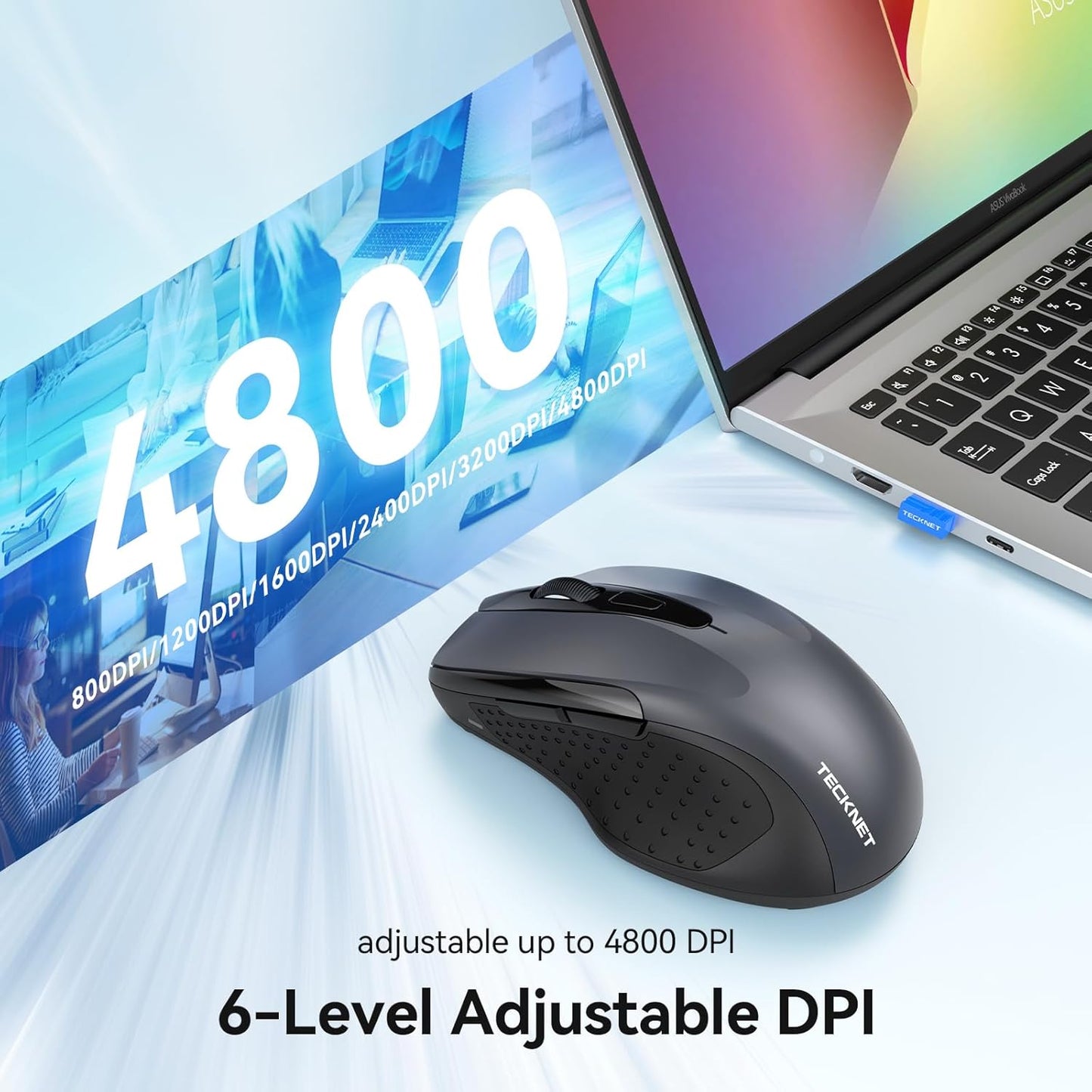 TECKNET Rechargeable Jiggler Wireless Mouse (BT5.0/3.0 & 2.4G) 4800 DPI Silent USB A & Bluetooth Mouse 6 Buttons, Wide Compatibility - Grey