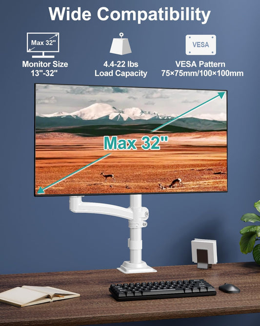 Single Monitor Mount Arm, VESA Desk Mount Stand for 13-32 inch Computer Screen up to 22 lbs, Adjustable Height Tall Monitor Arm with Tilt Swivel Rotation, VESA 75 100mm, White, Freelift