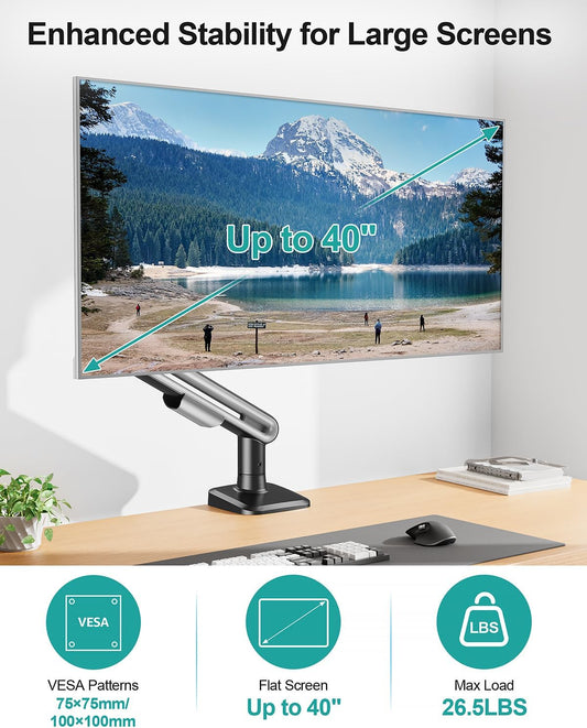 MOUNT PRO Single Monitor Desk Mount for Max 40 Inch Screens, Adjustable Gas Spring Monitor Arm Holds up to 26.5lbs, Computer Monitor Stand with Clamp and Grommet Base, VESA Mount 75x75mm/100x100mm