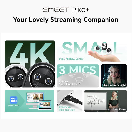 EMEET Piko+ Webcam 4K, World's 1st Dual-Camera AI-Powered 4K Webcam, 1/2.55'' Sony Sensor, 3 Mics&3 Sound Modes, Panda Magnetic Privacy Cover, USB C-C&C-A, Ideal for Livestreamers and Content Creators