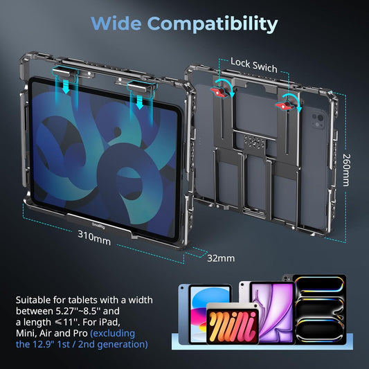 SMALLRIG Universal Metal Cage for iPad, Tripod Mount Adapter Monitor Fits for iPad Pro 12.9, Air, Mini and More, with 1/4"-20, 3/8"-16 Holes, Cold Shoe Mount - MD5059