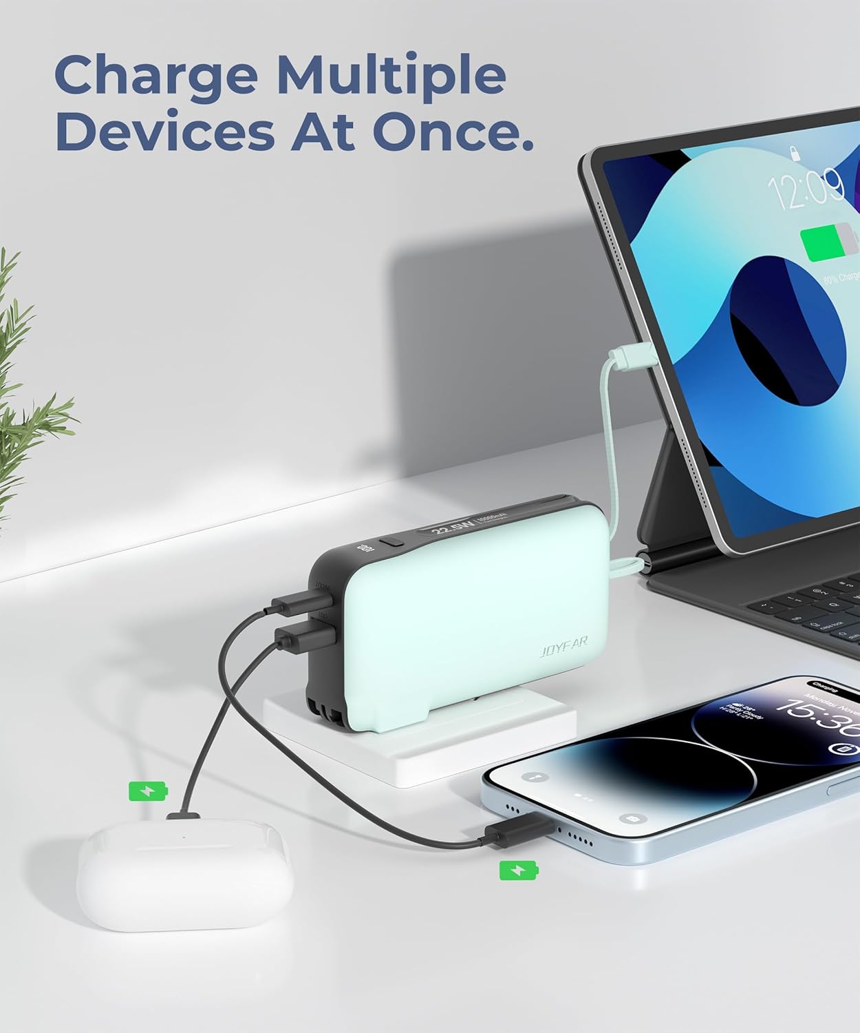 1 Pack Portable Charger with Built-in USB-C Cable & Plug, 10,000mAh 5V/4.5A Power Bank Fast Charging 22.5W, Travel Essential Battery Pack 3 Output for iPhone 16/15 Series, Samsung Galaxy, iPad