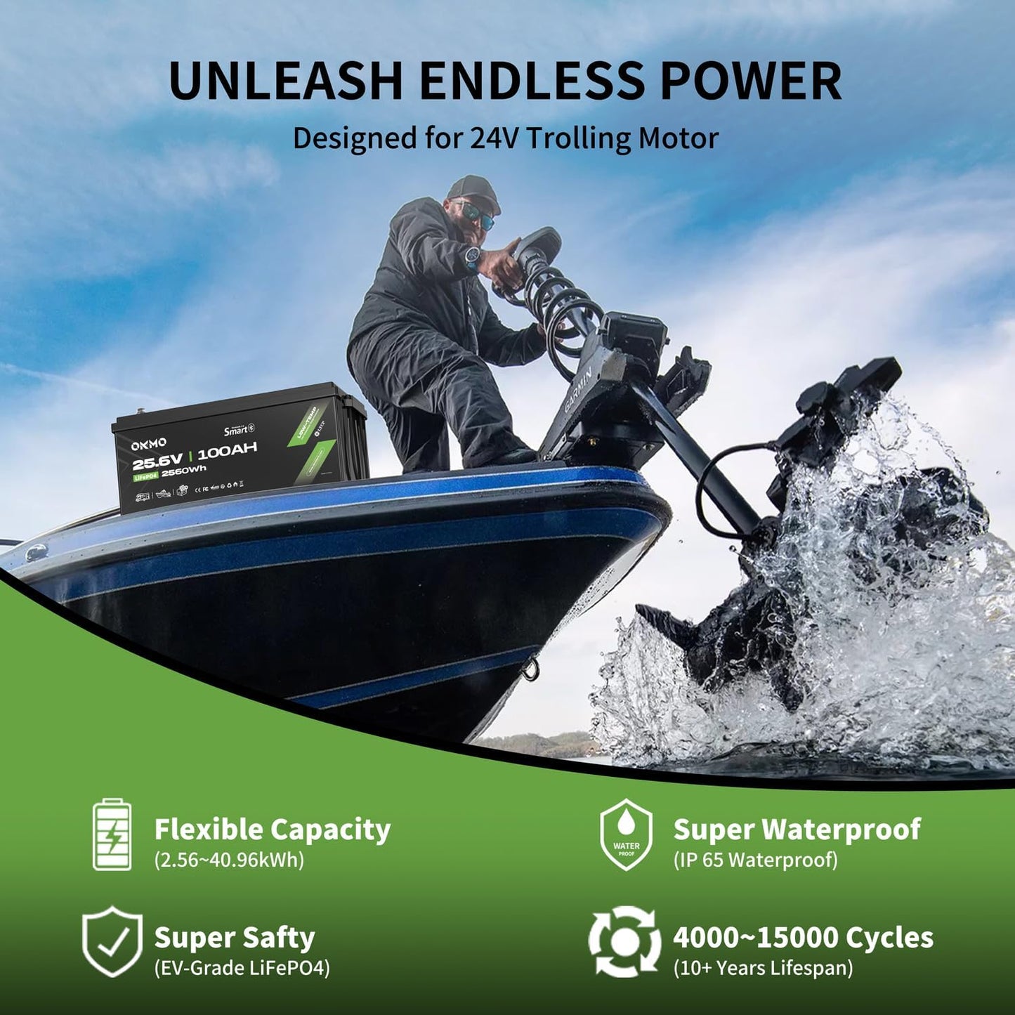 OKMO 24V 100Ah LiFePO4 Lithium Battery with Bluetooth for Marine, Trolling Motor, RV, 10 Years 15000+ Deep Cycles, 25.6V Iron Phosphate for Home Solar Energy Storage Off-Grid
