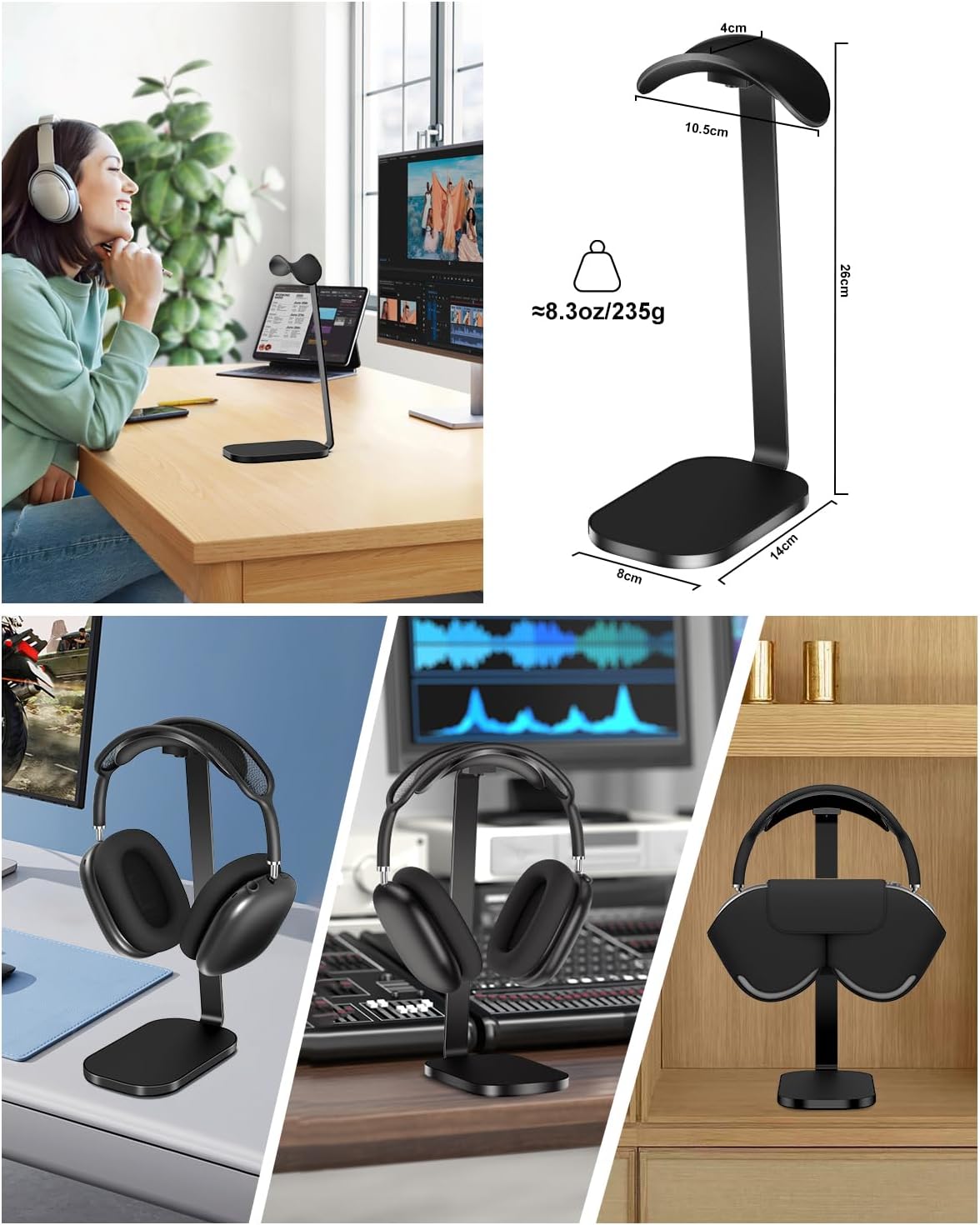 VICHYIE Headphone Stand for AirPods Max, Headset Holder with Aluminum Supporting Rod, Heavy Base Desk Stand Headphones Support Accessory for All Headphones - Black