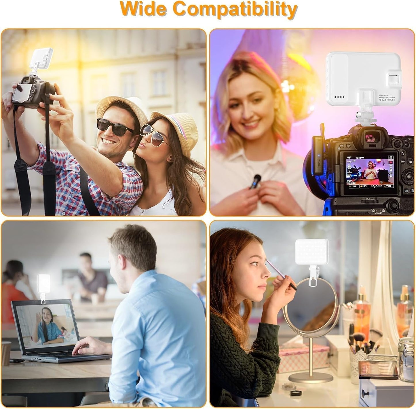 Selfie Light, LED Camera Light Video Lights 60 LED 2200mAh Rechargeable Phone Light 7 Modes, 10-Level Brightness, Portable Clip on Light for Phone/Tablet/Laptop White