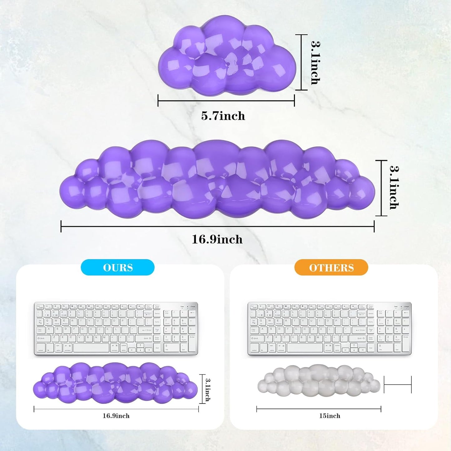 Gel Cloud Keyboard and Mouse Wrist Rest, Cute Wrist Support and Arm Support Keyboard Rest for Keyboard and Mouse Typing Pain Relief,Suitable for Office/Computer/Laptop/Gaming (Transparent Purple Set)