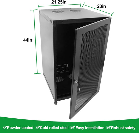 22U Server Cabinet Wall Mount Rack Enclosure with Caster Wheels 2 Server Fans Locking Grid Gate Removable Side Panels 19" Network Cabinet 15-18.5" Installation Depth Heavy-duty frame(22u cabinet 44IN)