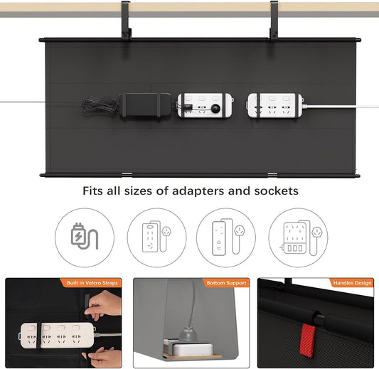 Under Desk Cable Management Tray - 36" Cord Organizer for Desk No Drill, Fabric Under Table Wire Organizer with 16X Cable Ties Hide for Office/Home, Cord Hider Fits Adapters & Sockets, Black
