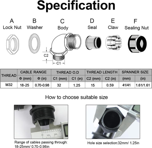 LeMotech M32 Cable Gland, 90 Degree Adjustable 18-25mm Strain Relief, Cord Connectors Nylon Joints with Gaskets, 2 Pcs, Black