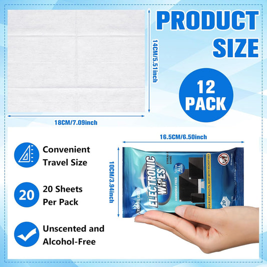 240 Count Electronic Cleaning Wipes 12 Pack Pre Moistened Screen Wipes Electronics Screen Cleaner for Lens, Phone, TVs, Computer, Laptop and Monitor Cleaning