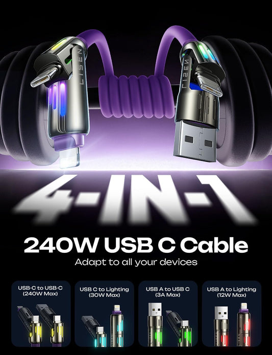 LISEN 240W Chubby USB C to USB C, 4 in 1 Charging Cable (6.6FT) with Light, USB A/C to C/L Multi Charging Cable for iPhone 16 15 14 Pro Max/MacBook/iPad Pro/SamSungS24,Purple