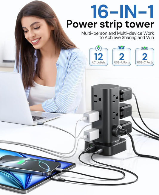 Tower Power Strip with Surge Protector - 12 AC Outlets & 4 USB Ports (2 USB-C), 6FT Extension Cord, Charging Station Tower for Home Office Dorm Travel (Black)
