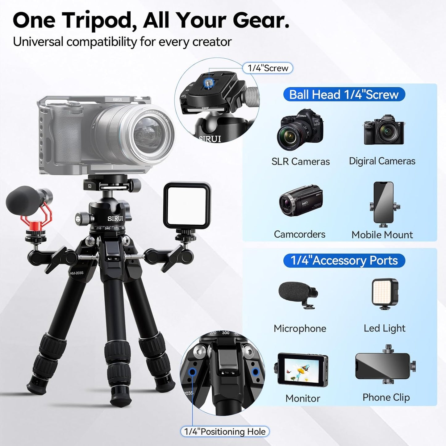 SIRUI Lightweight Mini Tripod, 1.9lbs Aluminum Desktop Table Tripod with Low-Profile Ball Head, Compact Design, 33lbs Load, 16.7" Max Height, for DSLR, Mirrorless Camera, Phone, Vlogging