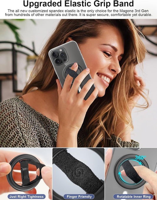 EWA MagOne Lite 3rd Gen Cell Phone Ring Holder, with Replaceable 360° Rotation Elastic Finger Strap, Phone Grip Compatible with iPhone MagSafe,15,14,13 Pro/Max/Plus-(Black)