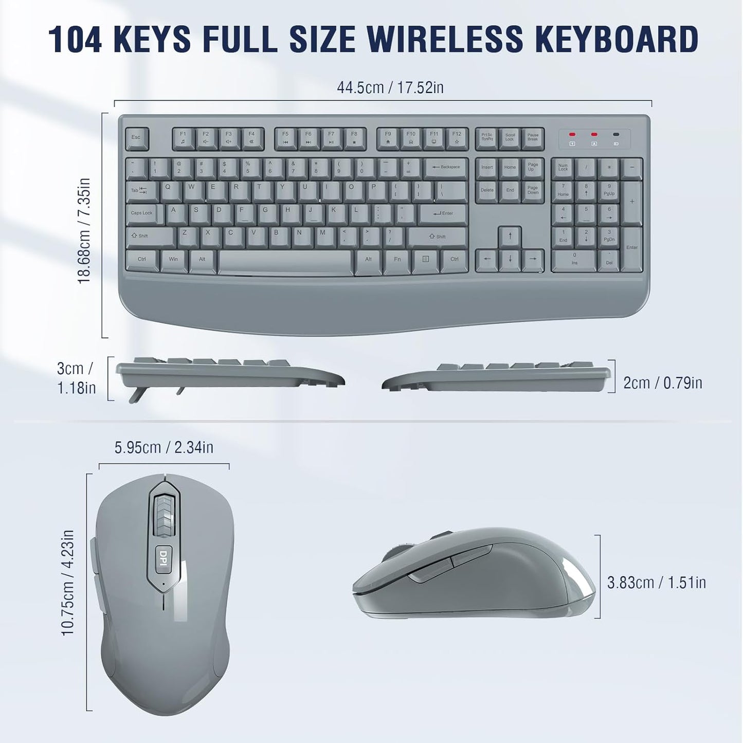Wireless Keyboard and Mouse Combo, EDJO 2.4G Full-Sized Ergonomic Computer Keyboard with Wrist Rest and 3 Level DPI Adjustable Wireless Mouse for Windows, Mac OS Desktop/Laptop/PC(Grey)