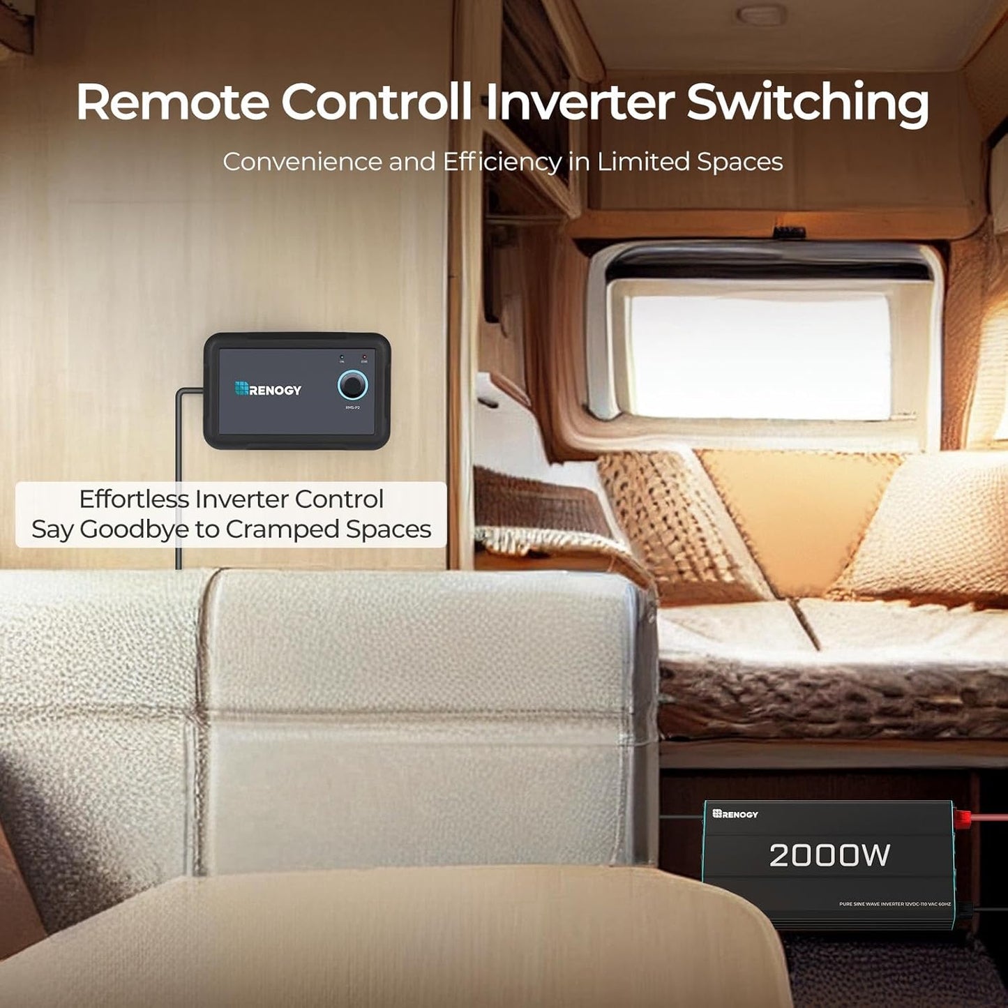 Renogy Inverter P2 2000 watt Pure Sine Wave Inverter, Solar Car Power Inverter 12V to 120V AC Converter for RV, Truck, Camping, Home Backup, Outdoor, Emergency, Off-Grid Living, 16.4FT Remote Control