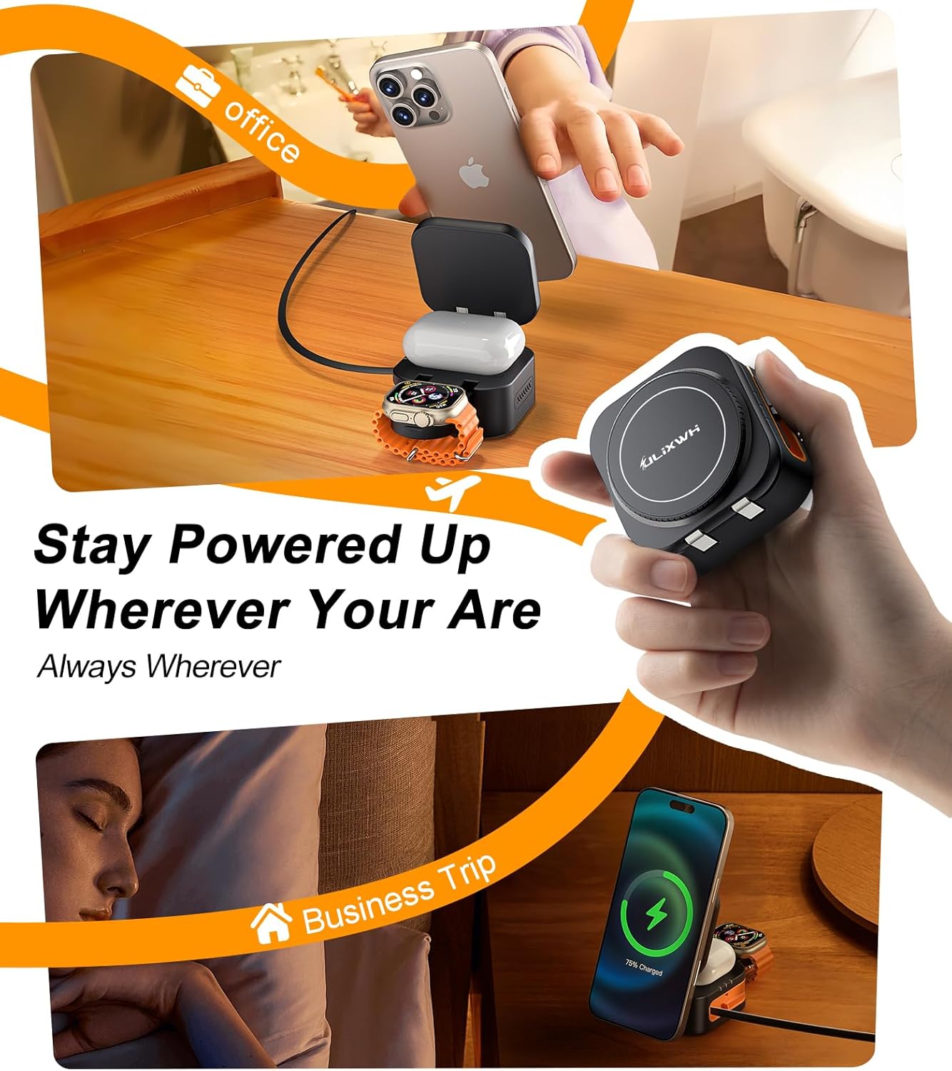 Retractable 3 in 1 Charging Station for Apple, 15W Fast for Magsafe Foldable Magnetic Wireless Charging Stand with Retractable Cable, for Travel, for iPhone 16/15/14/13, Apple Watch, AirPods