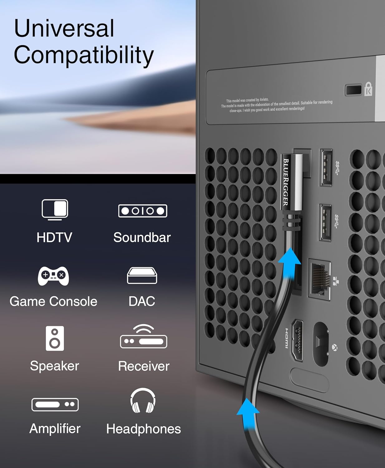 BlueRigger Optical Audio Toslink Cable - 10FT (90 Degrees Optical Cable for Soundbar, 360 Degree Rotatable Right Angle, S/PDIF Digital Toslink) - Fiber Optic Compatible with HDTV, Game Console, DVR