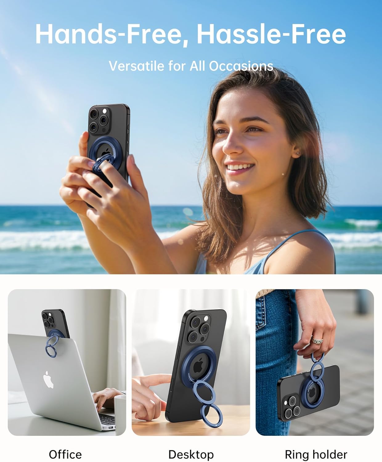 SYNCWIRE Phone Ring Holder Grip for MagSafe, 360° Rotation Magnetic Cell Phone Grip Stand Two-Sided Magnetic Compatible with iPhone 16 15 14 13 12 Pro Max fits MagSafe Accessories - Titanium Blue