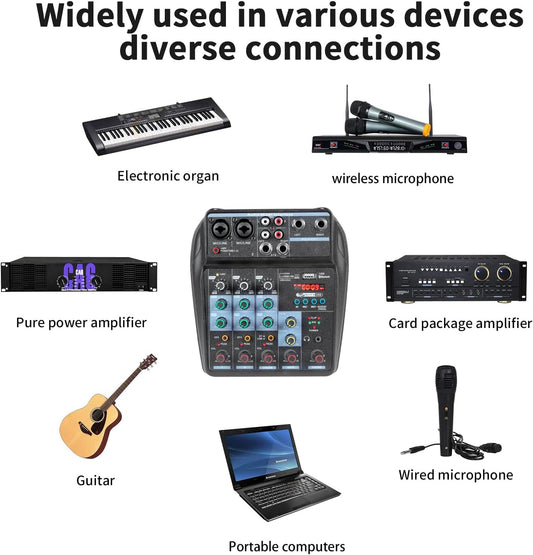 Dj Mixers 4 Channel Audio Mixer Sound Board with Bluetooth, Portable Usb Audio Interface with 48V Phantom Power Small Sounds Mixer Board with FX Delay Effect for Streaming