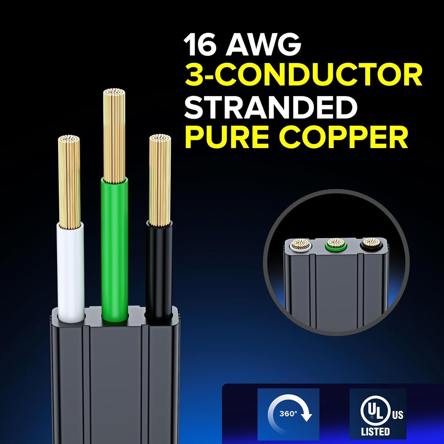 Maximm Cable 6 Ft 360° Rotating Flat Plug Extension Cord/Wire, 16 AWG Multi 3 Outlet Extension Wire, 3 Prong Grounded Wire - Black - UL Certified