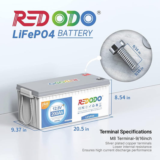 Redodo 12V 200Ah Plus Lithium LiFePO4 Battery (Pack 2), Max 2560W Power Output, 200A BMS Protection, 4000-15000 Deep Cycles,Perfect for Home Solar Storage, RV, Marine, Scooter, etc