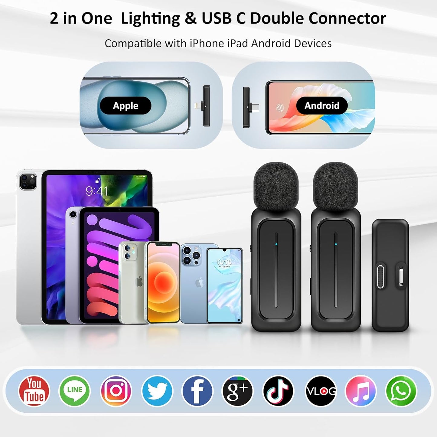 2 Pcs Wireless Lavalier Microphone for iPhone iPad Android with Charging Case 7H Clip on Lapel Microphone Wireless for Video Recording Vlogging, YouTube, Interview, 3 Mode Denoise, 70ft