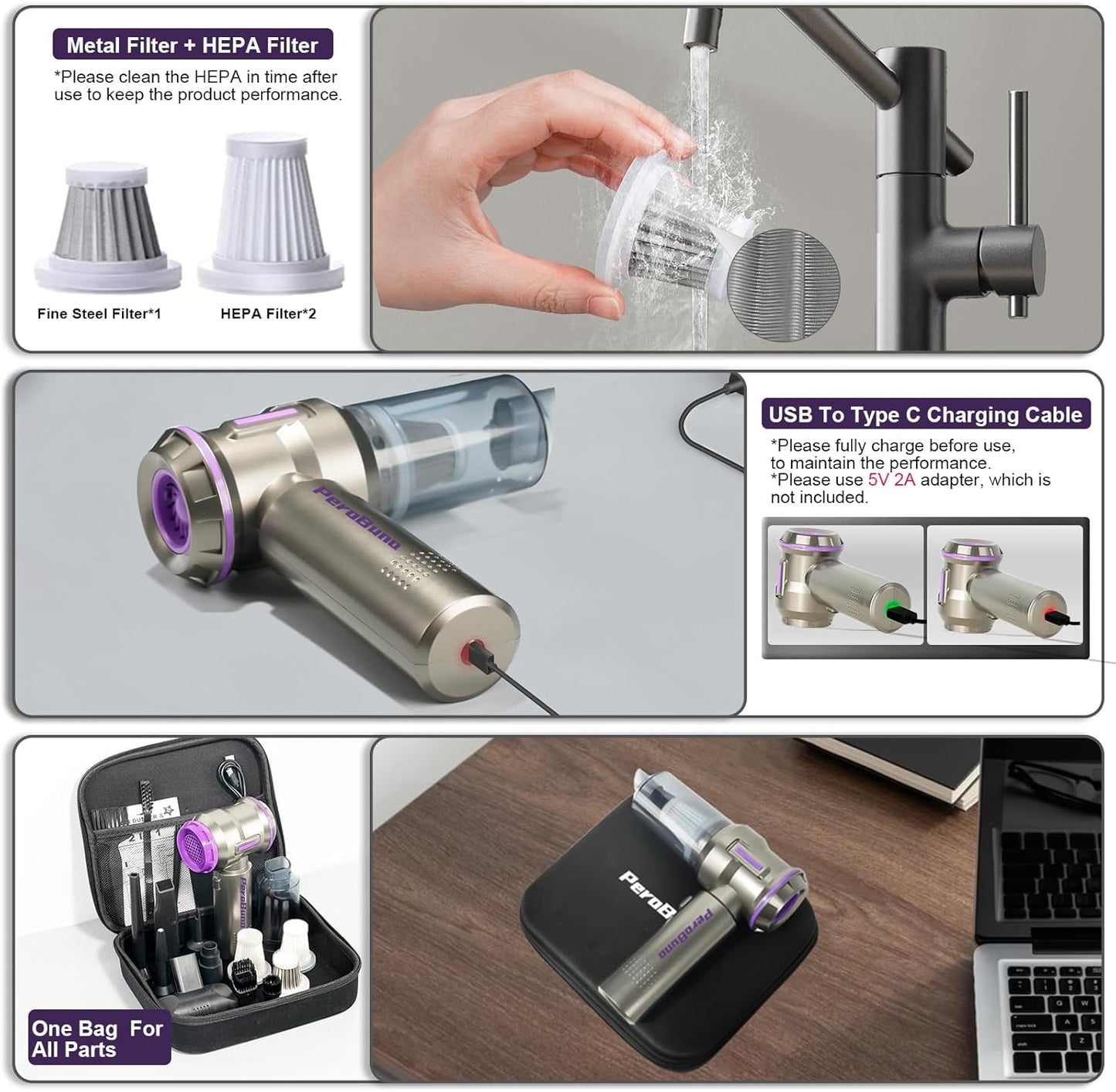 PeroBuno Electric Air Duster, Mini Vacuum Cleaner Cordless, 2-in-1, 200000RPM, 35mins Runtime, Rechargeable Outdoor Blower with 3 Gear for Car Computer Keyboard Cleaning