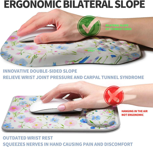 Ergonomic Raised Mouse Pad Wrist Support with Bilateral Slope Memory Foam Mousepad for Wrist Rest and Carpal Tunnel Pain Relief 11.8x7.9〃 Little Flower