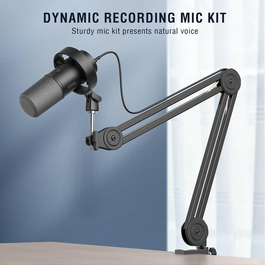 FIFINE Dynamic Podcast Microphone Set with Boom Arm Stand, Studio XLR/USB Microphone for Recording Vocal Streaming, Metal Mic with Mute Tap, Headphone Jack, Heavy Duty Boom Arm-K688T
