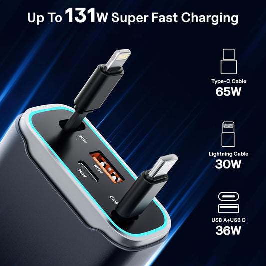 Retractable Car Charger USB C 131W 4-in-1 Fast Charging with 2 Retractable Cables Car Phone Charger Adapter for iPhone 16 15 14 13 Fast Charge Car Accessories, Gifts for Men Women