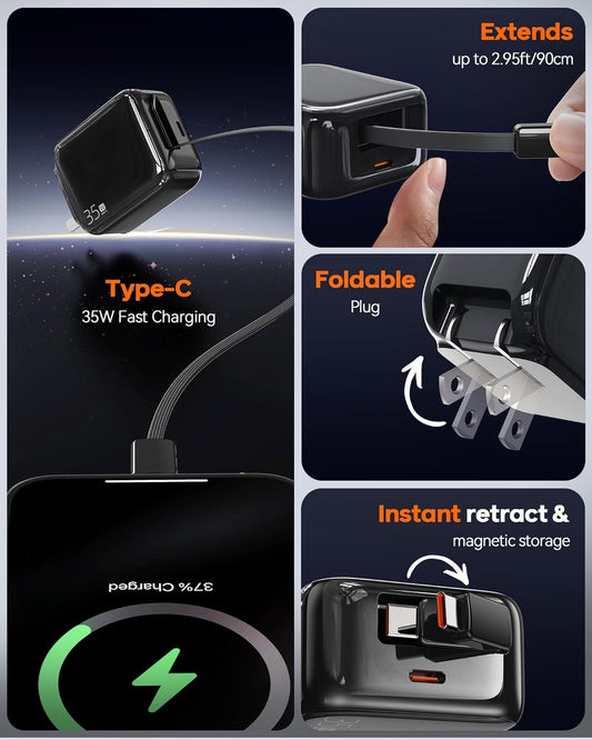 Retractable Wall Charger, 35W Fast USB C Charger Block with Extendable Type C Charing Cable for iPhone 16 15 Galaxy S25 24, Portable Retractable Charging Plug for Home Kitchen Office Travel