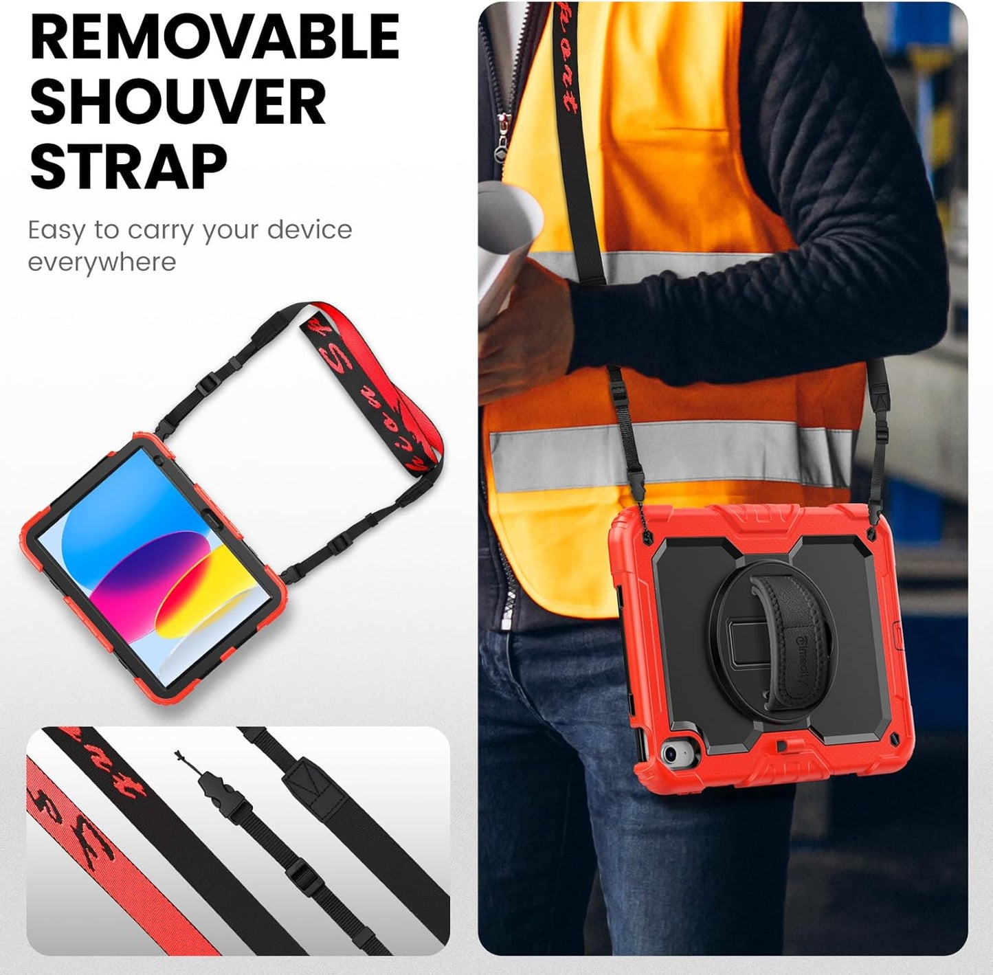 timecity for iPad (A16) 11th/ 10th Generation Case 11''/ 10.9 Inch (2025/2022) - Heavy Duty Protective Cover with Screen Protector, Stand, Shoulder Strap & Pencil Holder | Kids-Friendly - Red