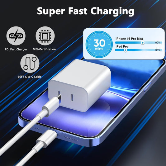 Charger for iPhone 16 15,Fast Dual Port USB C Charger Block,Double Type C Apple Wall Power Adapter Plug,10FT Quick USB C to C Charging Cable for iPhone 16/16 Pro Max/16 Pro/15 Pro/15 Plus,iPad Pro/Air