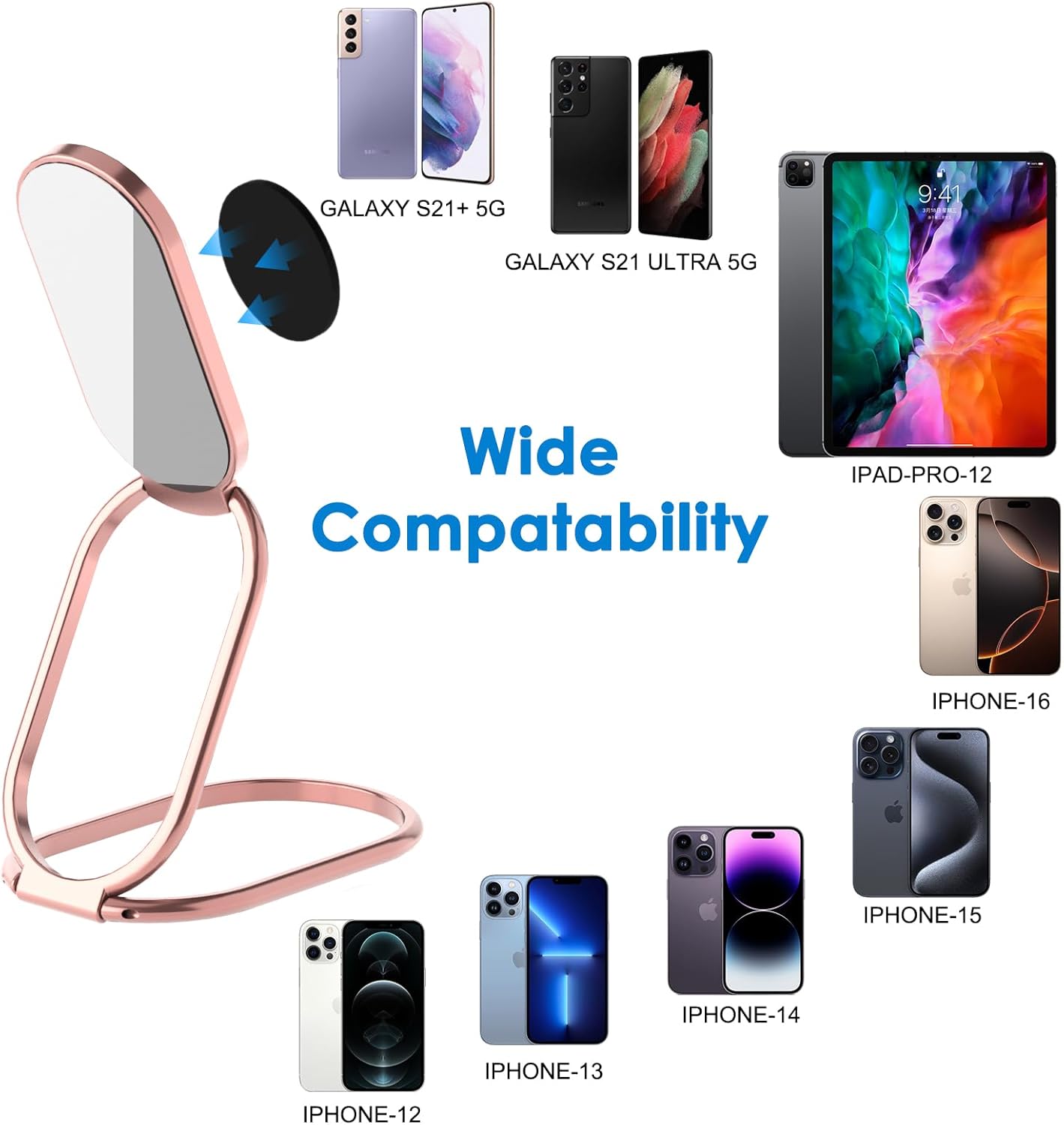 Phone Ring Holder Finger Kickstand, 360° Rotation Metal Phone Grip for Magnetic Car Mount Foldable Cell Phone Stand Compatible with Most Smartphones