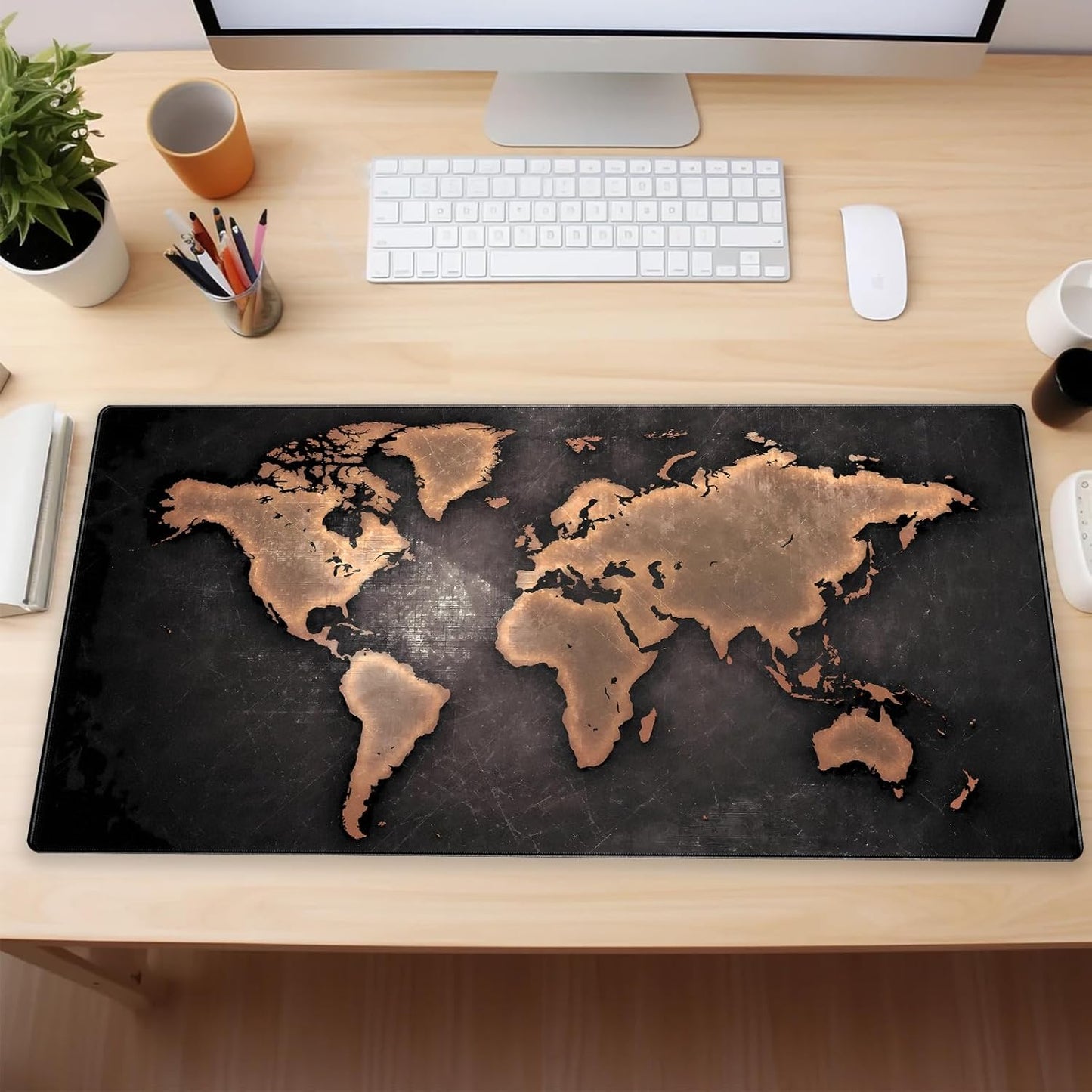 World Map Gaming Mouse Pad XXL Large Vintage Style Full Desk Mat Extended Keyboard Pad with Stitched Edges, Non-Slip Base (31.5" x 15.7")