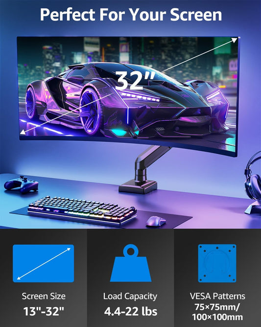 Single Monitor Mount for 22 24 27 32 inch Screen, Gas Spring Arm Holds 4.4-22 lbs, Monitor Desk Mount, Gaming & Home Office Use, VESA 75x75mm & 100x100mm, Freelift Pro Black