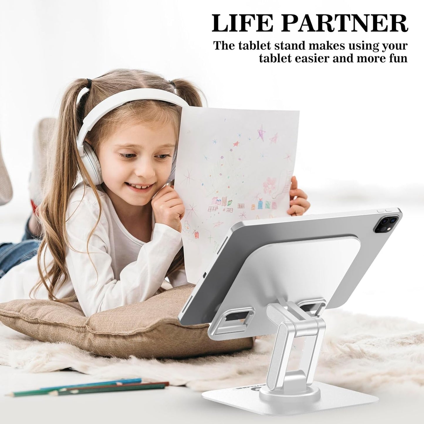 OCYCLONE for iPad Stand for Desk 360 Rotating Adjustable Portable Monitor Tablet Holder, White