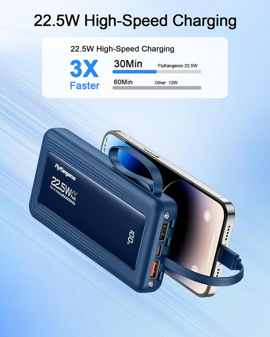 Portable Charger with Built in Cables, Slim 10000mAh Fast Charging 22.5W Power Bank USB C LED Display Battery Pack 6 Outputs & 2 Inputs for iPhone Samsung Pixel LG Moto iPad