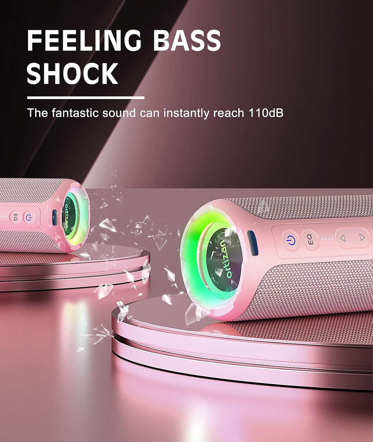 Ortizan Bluetooth Speakers, Portable Wireless Stereo Speaker - IPX7 Waterproof, 30W RMS(40W Peak) Loud Sound, Deep Bass, LED Light, Bluetooth 5.3, for Home/Shower/Outdoor/Beach, Gifts for Adult, Pink