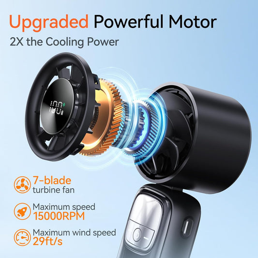 3-in-1 Portable Handheld Turbo Fan-100 Speeds, 15000 RPM, 10Hrs Cooling, LED Display, 90° Rotation, USB Rechargeable Battery Powered, Mini Foldable Hand Held Personal Fan for Women Men (Black)