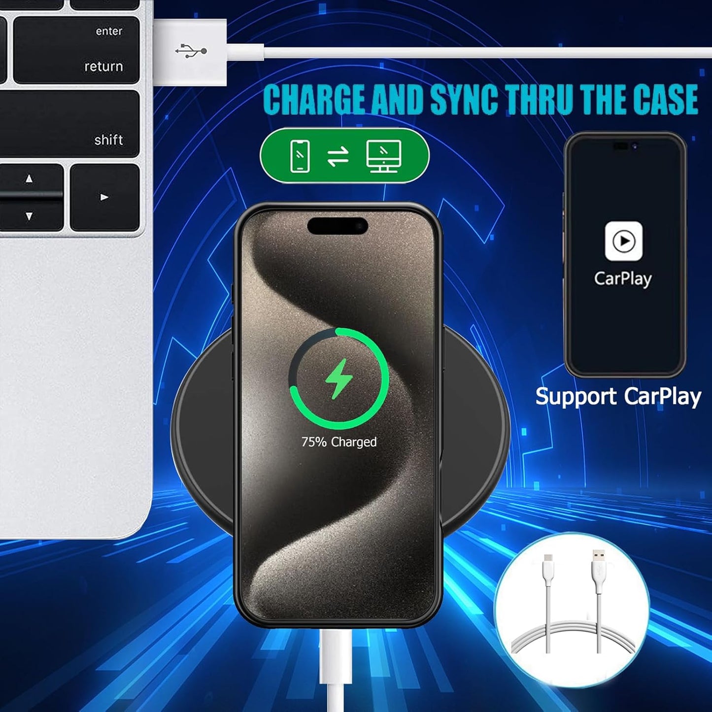 Battery Case for iPhone 15 Pro, Full Encircle 10000mAh High Capacity Rechargeable Portable Charger Case Extended Battery Pack for iPhone 15 Pro (6.1 inch) Wireless Charging Case with Carplay-Black