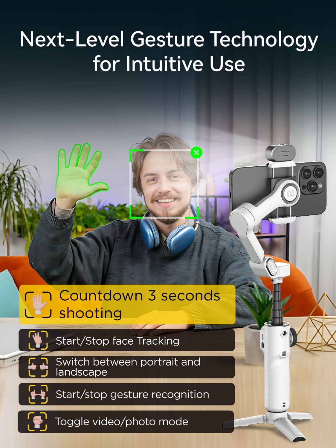 Gimbal Stabilizer for iPhone w/RGB Magnetic Fill Light, Foldable Gimbal w/7.8' Extension Rod & OLED Display for Vlogging & Filmmaking, Compatible with iPhone 16/15 Pro Max-Smart X2 Kit White