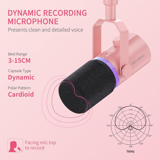 FEELWORLD PM1 XLR USB Dynamic Microphone Gifts for Podcast Recording PC Computer Gaming Live Streaming Vocal Voice-Over, Studio Metal Mic with RGB Light, Mute Button, Headphones Jack (Pink)