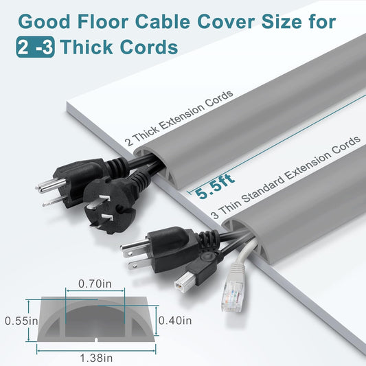 5.5FT Floor Cord Cover, Grey Soft Cable Cover Floor, Large Size Extension Cord Covers for Floor, Power Cord Protector Floor Wire Cover - Cord Channel Diameter: 0.7" (W) x 0.4" (H)