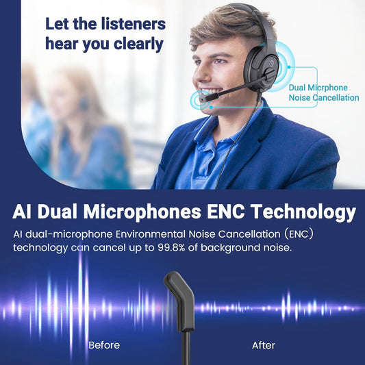 Headset with Microphone for PC, USB Computer Headsets AI-Powered Environmental Noise Cancelling Headphone with Busylight, Mic Mute Boom & Volume Control, Wired Over-Ear Headset for Laptop/Work/Office