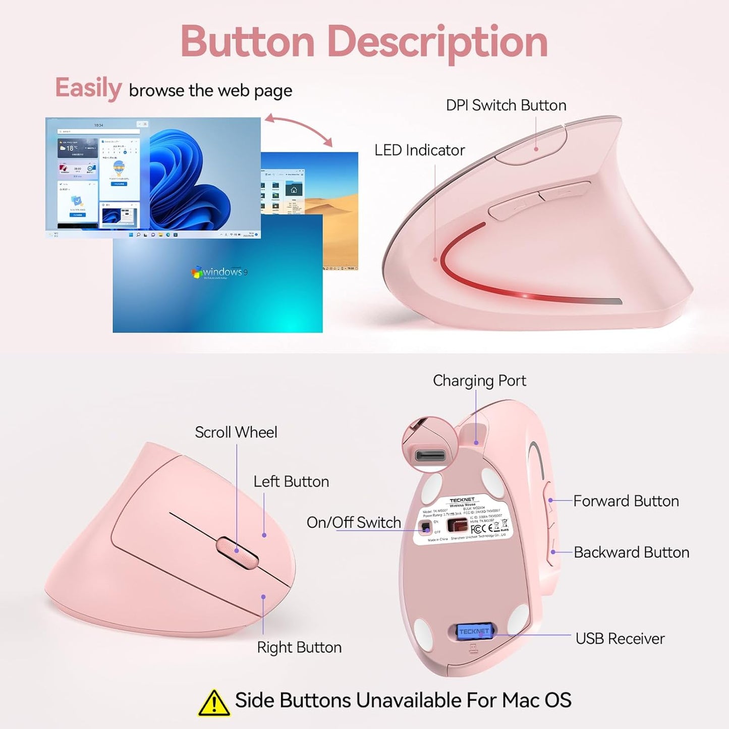 TECKNET Ergonomic Mouse Wireless, Rechargeable Mouse Wireless Silent for Carpal Tunnel Right Hand, 2.4GHz USB Vertical Mouse Wireless for Laptop, 5 Adjustable 4800 DPI, Computer, MacBook, Desktop
