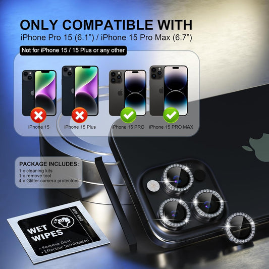 Choiche Compatible for iPhone 15 Pro/iPhone 15 Pro Max Camera Lens Protector Bling, 9H Tempered Glass Camera Cover Screen Protector Metal Ring Decoration Accessories (Diamond-Black)