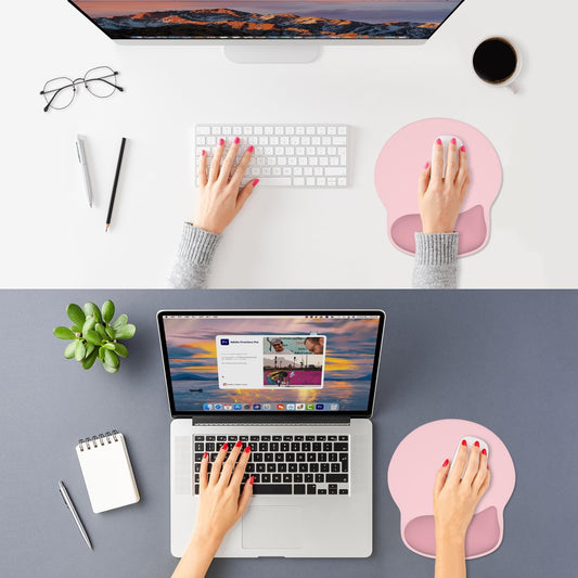 ITNRSIIET Ergonomic Mouse Pad with Wider Memory Foam Wrist Rest +17% - Curved Cushion Reduces Pressure 20%, Pain Relief, Non-Slip, Smooth, Cute Colors, 9.85 x 9 in, Pink Accent